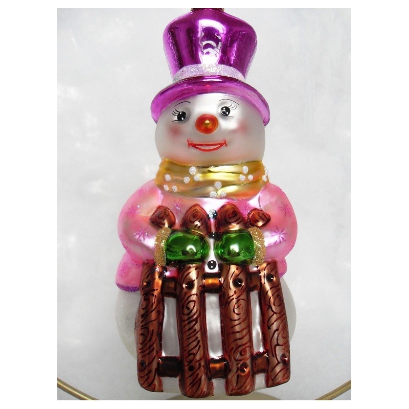 snowman pink glass handmade Christmas bauble decoration tree ornament