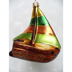 Canot à voile bateau coloré boule de Noël en verre fait main brun/vert/doré