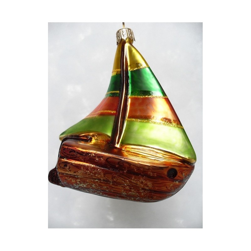 Canot à voile bateau coloré boule de Noël en verre fait main brun/vert/doré