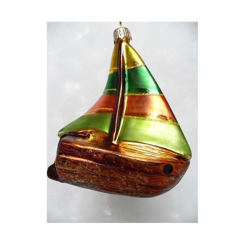 handgemaakte glazen kerstballen kerstversiering van glas - Kleuren Zeilboot  bruin/groen/goud